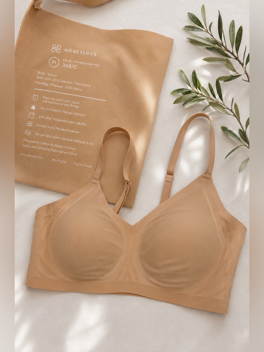 Honeylove Wireless Bra Nude Beige Medium 36B 36C Seamless Shapewear Bra